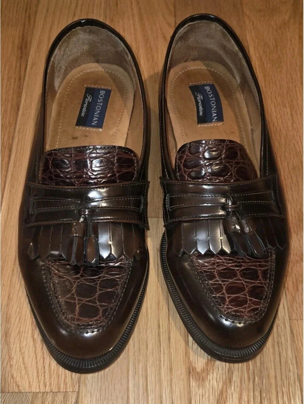 Bostonian Sz 10 W Florentine Brown Croc Embossed Leather Tassel Loafers Italy